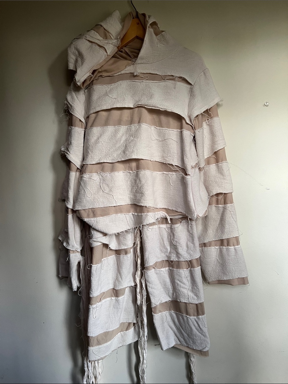Neutral Striped Hooded Kids Halloween Mummy Costume with Frayed Trim